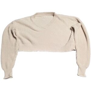 Aeropostale Ribbed V-Neck Cropped Sweater Women's Size XS Cream Long Sleeve
